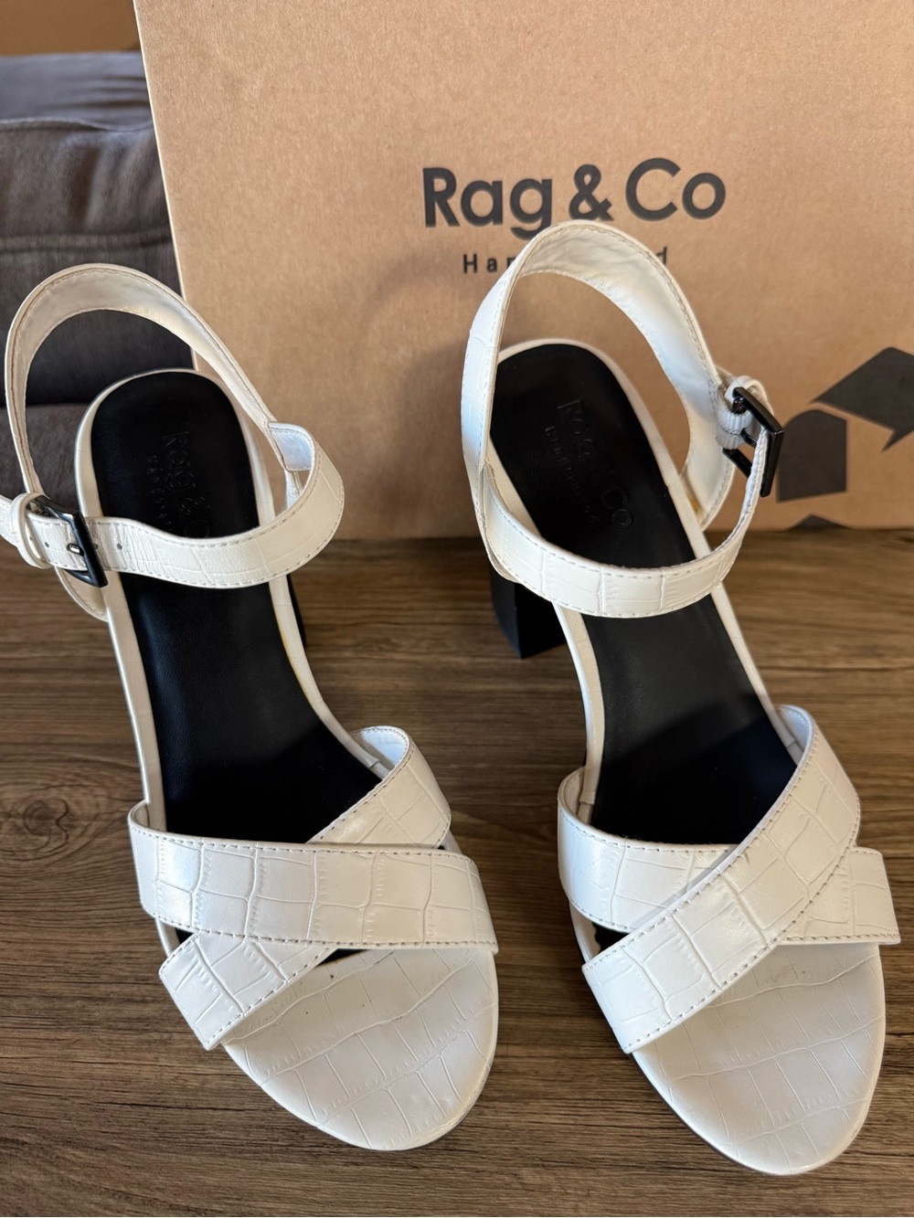 White Croc-Embossed Ankle Strap Sandals